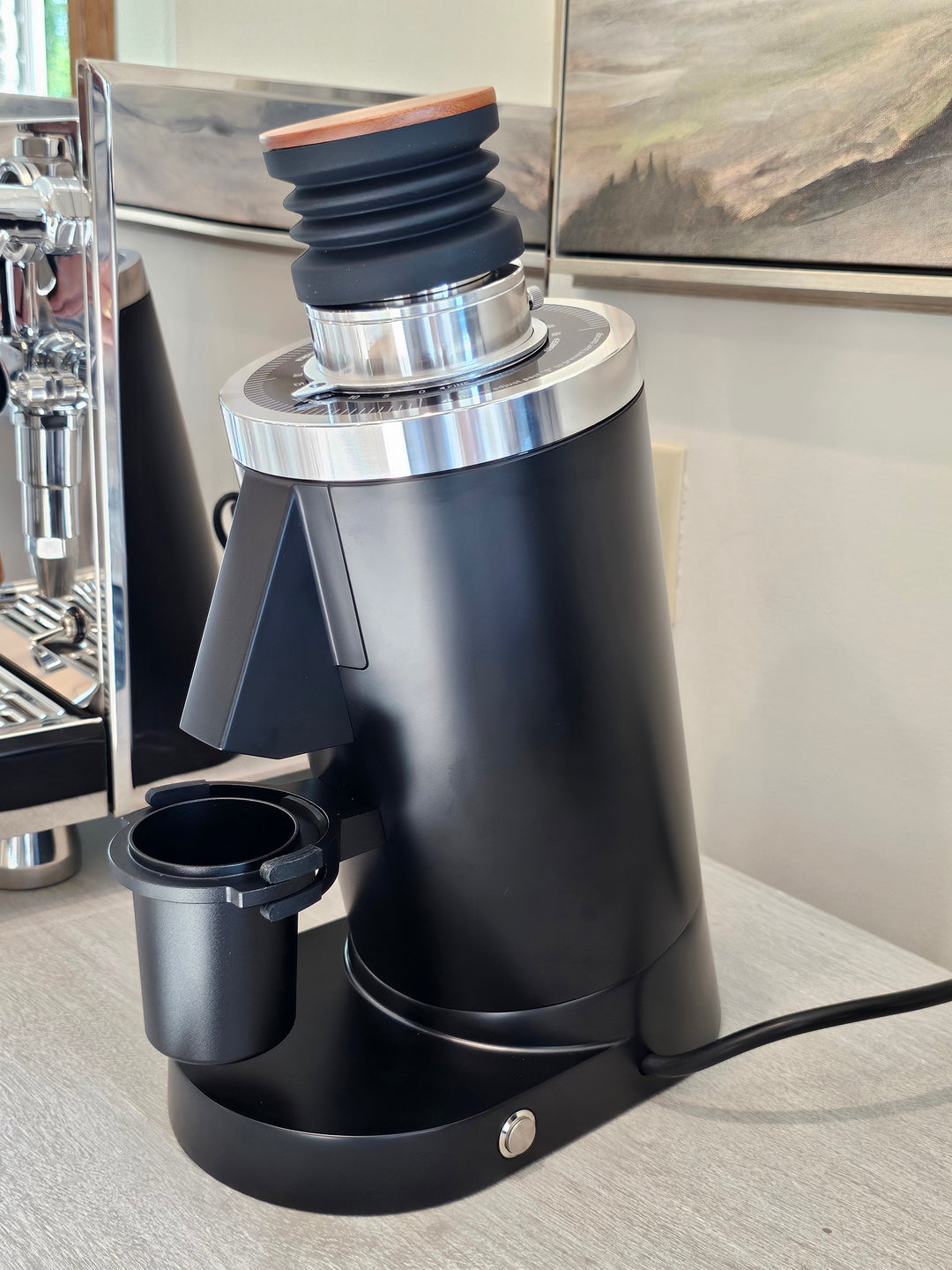 Turin DF83 Gen 2 — grinder and cup on kitchen counter