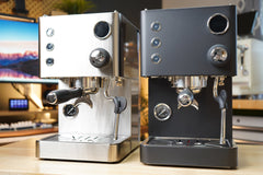Turin Legato V2 — stainless and black machines side by side