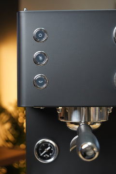 Turin Legato V2 — three brew buttons and group on black machine
