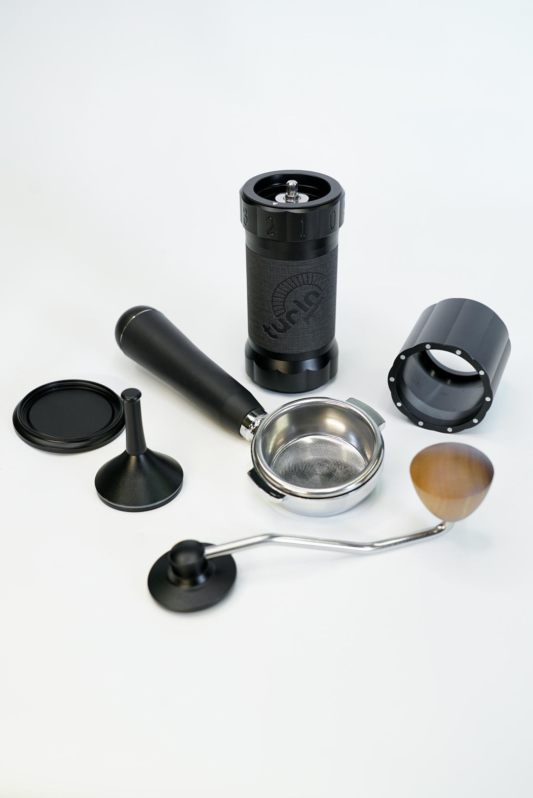 Turin H40 V2 — grinder components beside portafilter