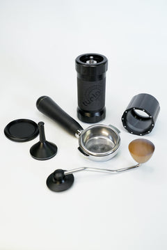 Turin H40 V2 — grinder components beside portafilter