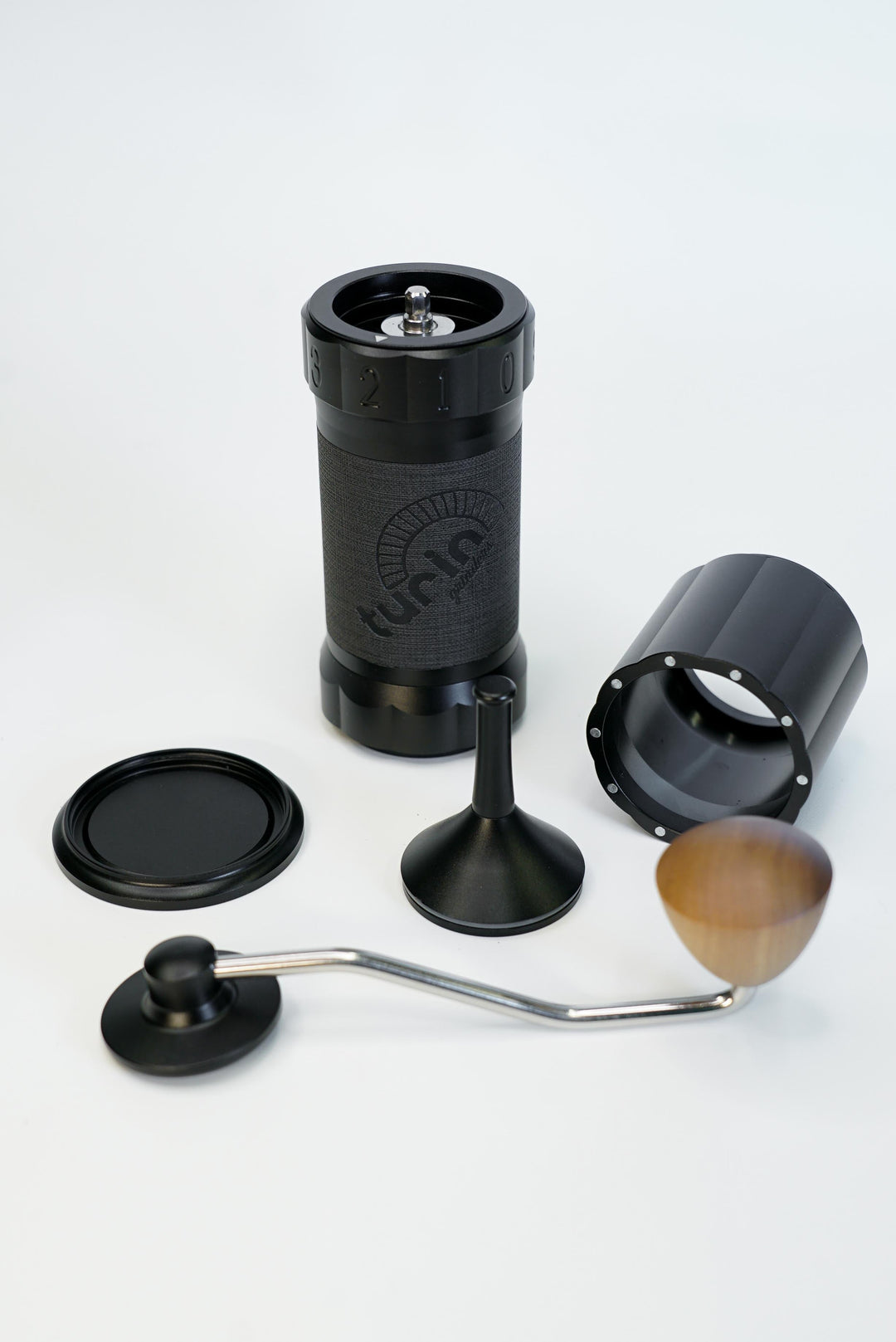 Turin H40 V2 — grinder disassembled with cup and shaker parts