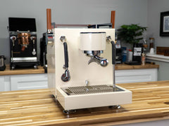 Turin MC3 espresso machine — light-finish machine from opposite front angle