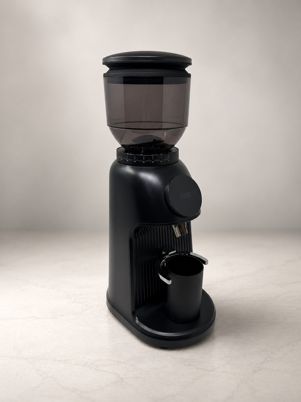 Turin Creyke GF64 — black hopper grinder, three-quarter view