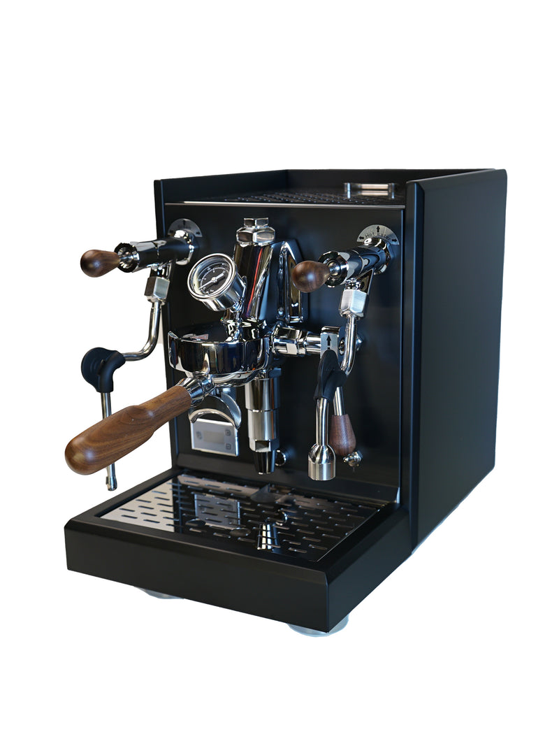 Turin Gallatin V — black E61 espresso machine, angled front view