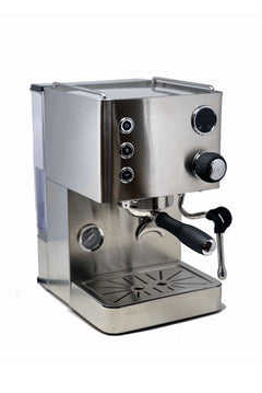 Turin Legato V2 — stainless espresso machine, front three-quarter view