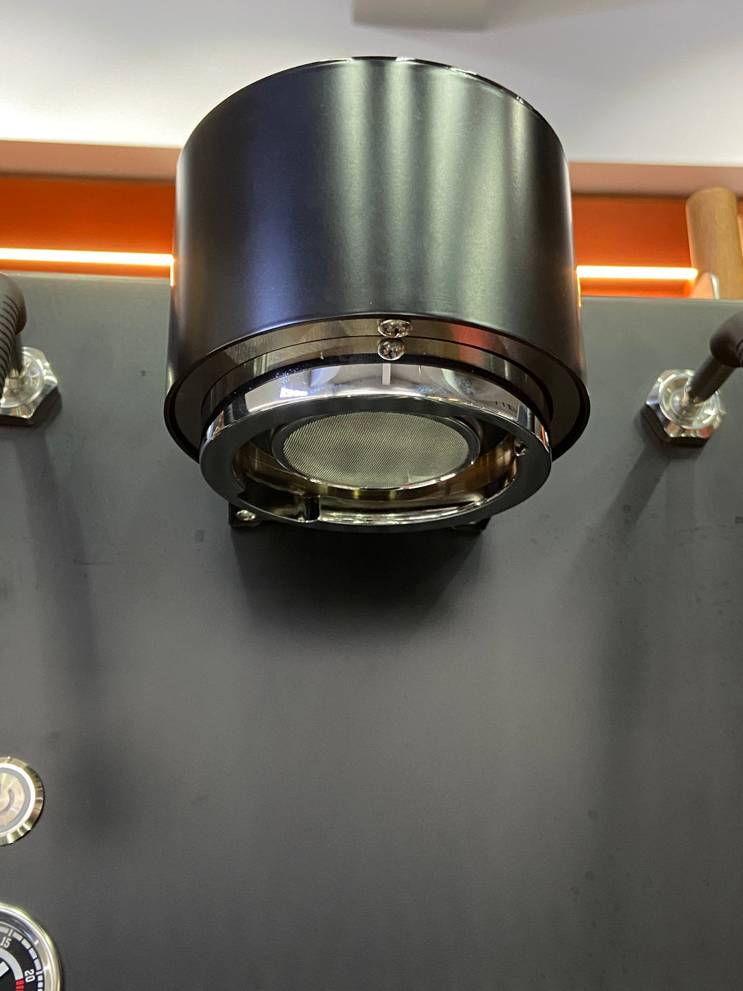 Turin MC3 espresso machine — black brew-group underside and shower screen