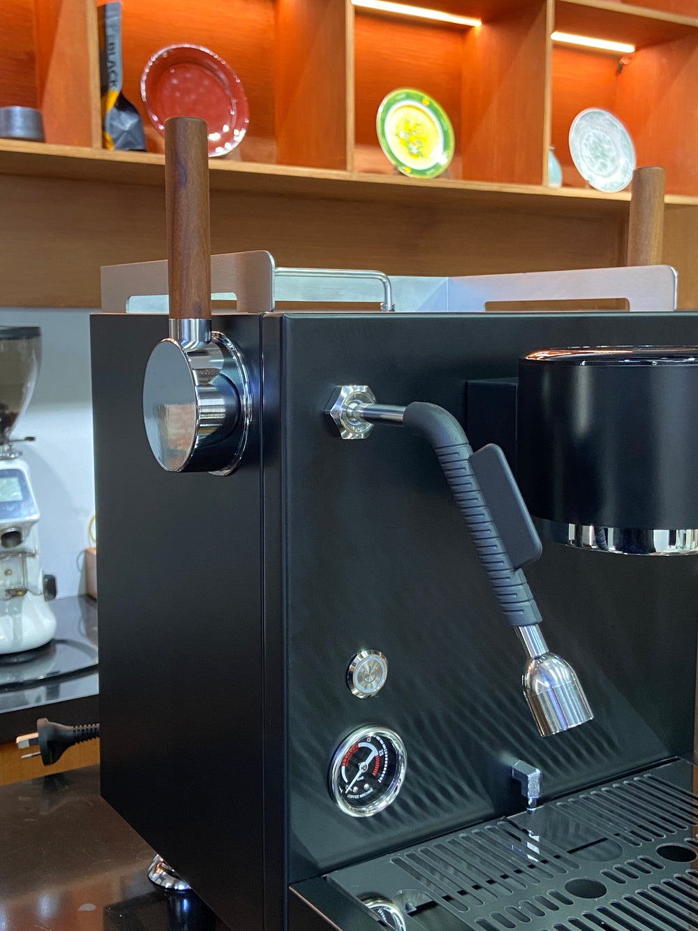Turin MC3 espresso machine — black front panel and walnut steam control