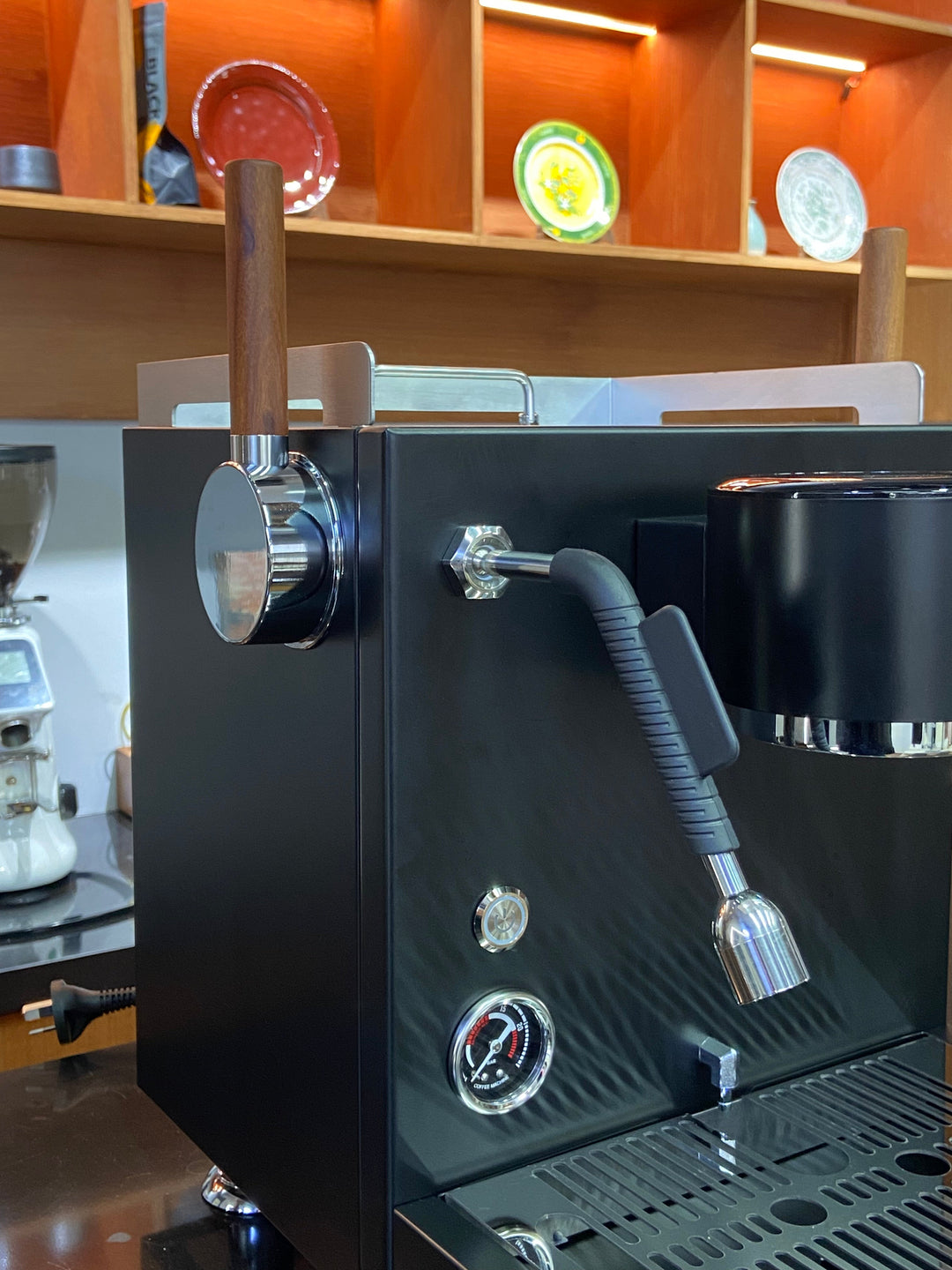 Turin MC3 espresso machine — black front panel and walnut steam control