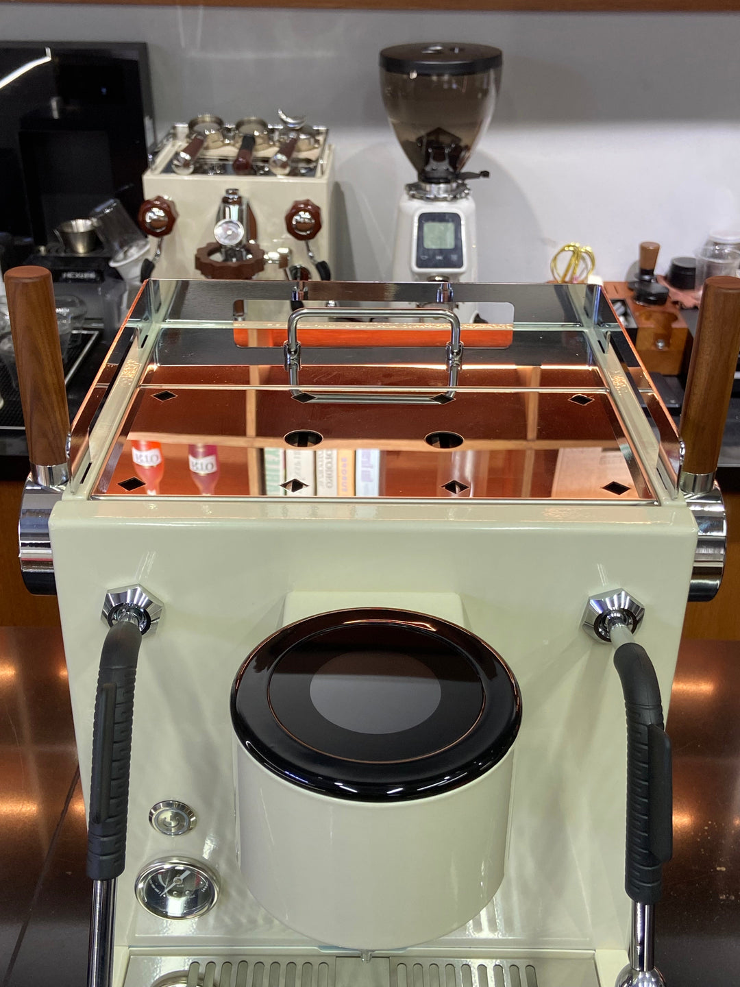 Turin MC3 espresso machine — top cup rack and circular group display