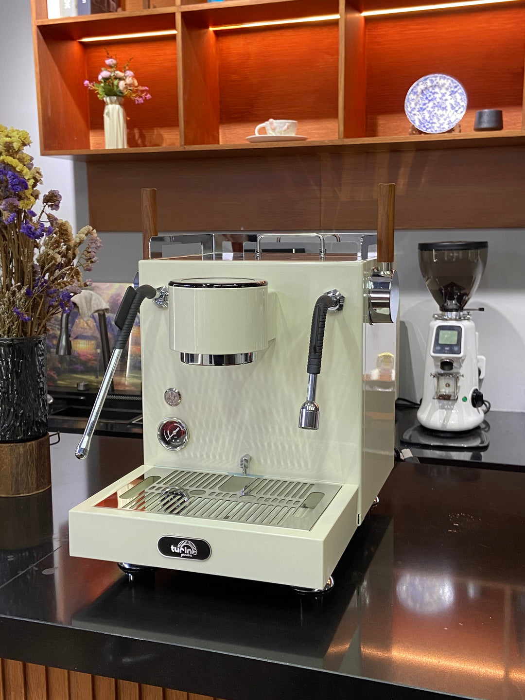 Turin MC3 espresso machine — light-finish machine on coffee counter