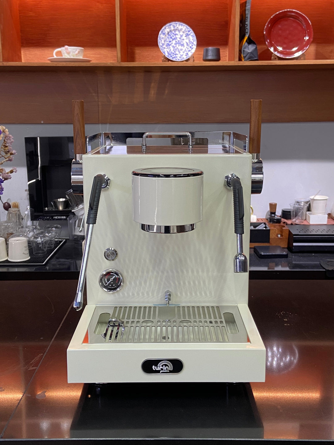 Turin MC3 espresso machine — light-finish front panel and tray