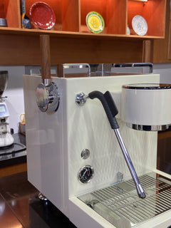 Turin MC3 espresso machine — steam wand and wooden joystick