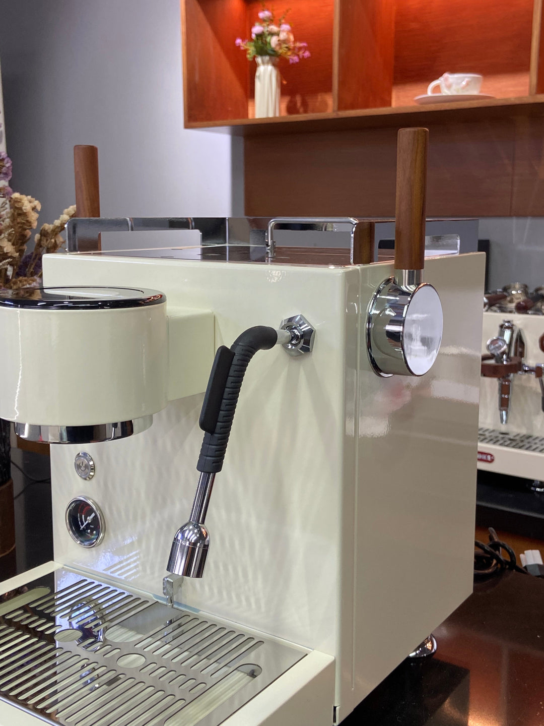 Turin MC3 espresso machine — light-finish side panel and steam wand