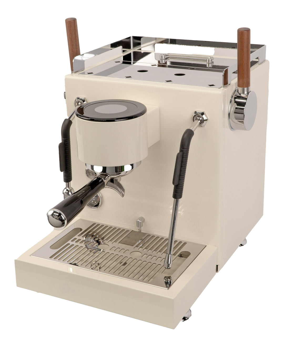 Turin MC3 espresso machine — light-finish machine from elevated angle