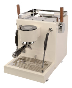 Turin MC3 espresso machine — light-finish machine from elevated angle