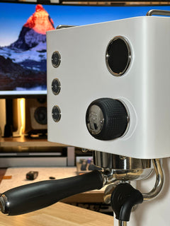 Turin Legato V2 — white front controls and group close-up