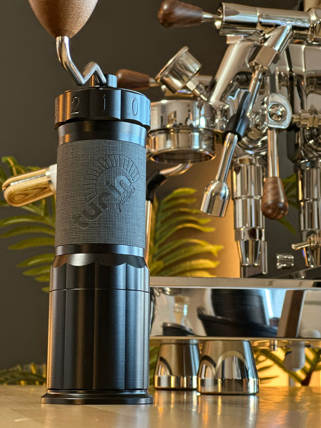 Turin H40 V2 — grinder beside espresso cup and machine
