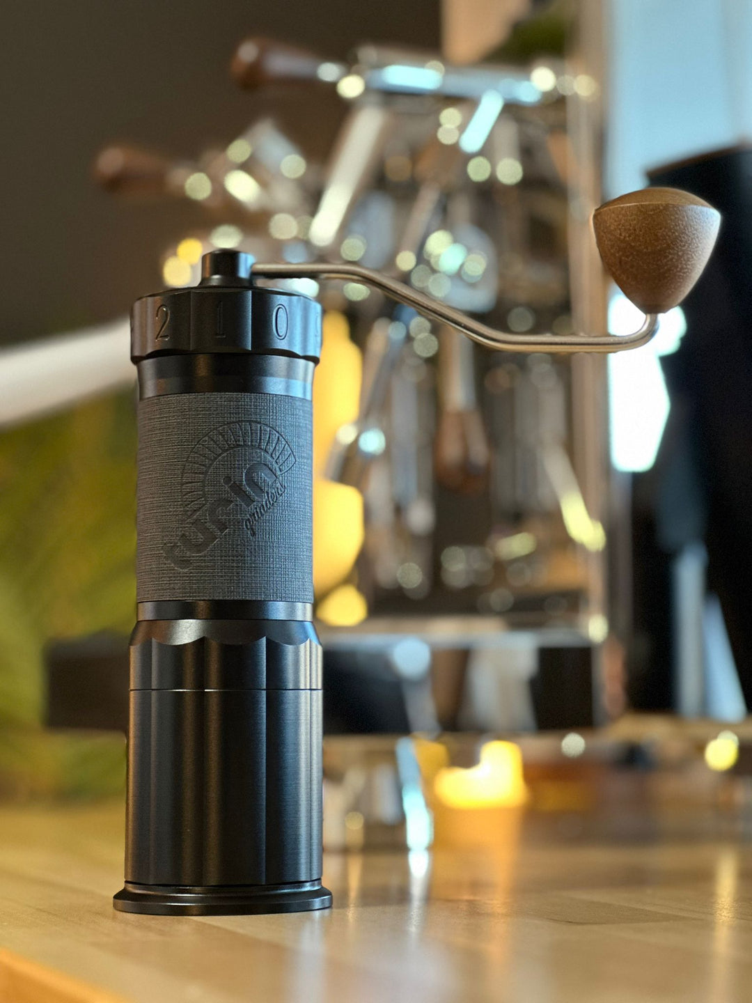 Turin H40 V2 — grinder with espresso machine in background
